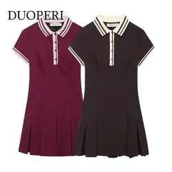 DUOPERI Women Fashion Patchwork Mini Dress Short Sleeves Wide Pleated Female Chic Lady Casual Basic Short Dress Mujer Vestidos