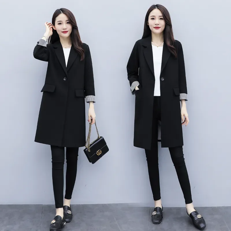 Suit Jacket Mid-Length Korean 2022New Spring Autumn Casual Loose Blazer Blousers Women Windbreaker Lady Black Trench Coat lining