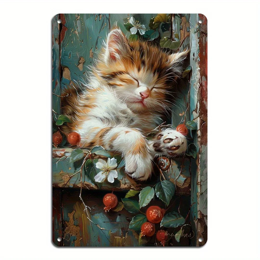 1PC Curious Cat Vintage Style Iron Sign Sleeping Kitten Artwork Durable Indoor Outdoor Wall Decor Medidas 8x12 Pulgadas