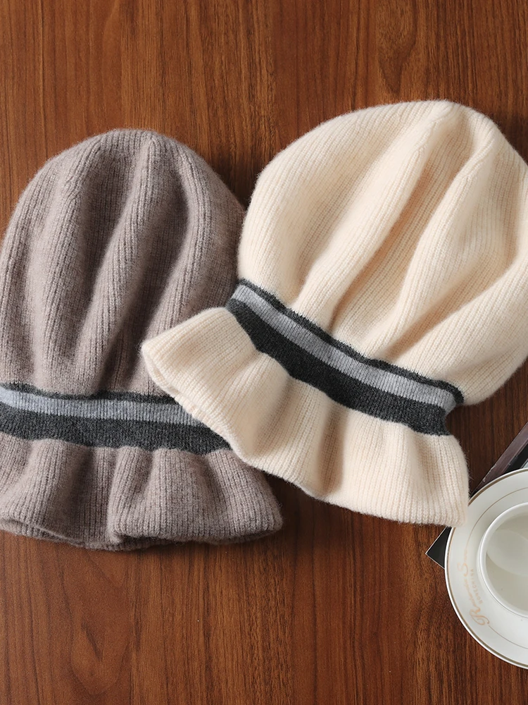 Women Fashion Pure Wool Knitted Slouchy Beanie Hat Stripes Caps Elastic Hem Soft Wool Winter Spring Warm Big Head Bonnet