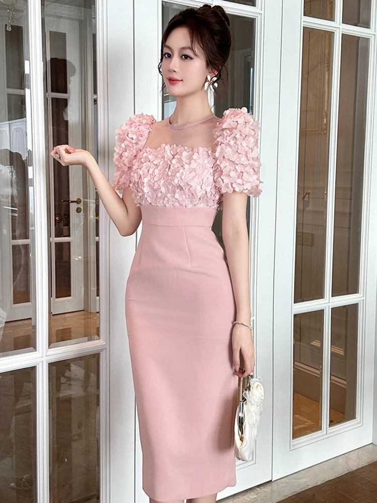 Vestido formal francês elegante para mulheres, lindo, flores rosa, malha transparente, midi, festa de aniversário, festival de música