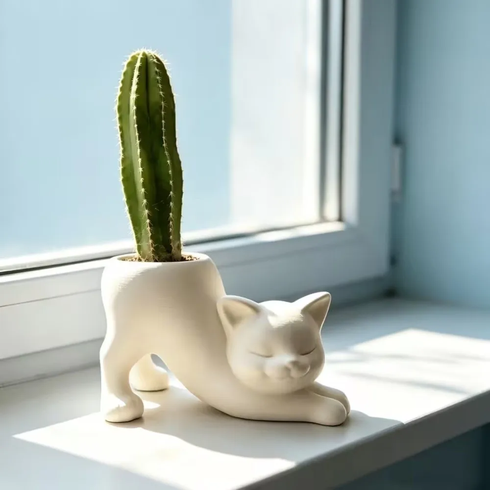 Unique Irregular Shape Cat Plant Pot 3D Printed Ornaments Kitten Planter Plastic Holder Flowerpot Office