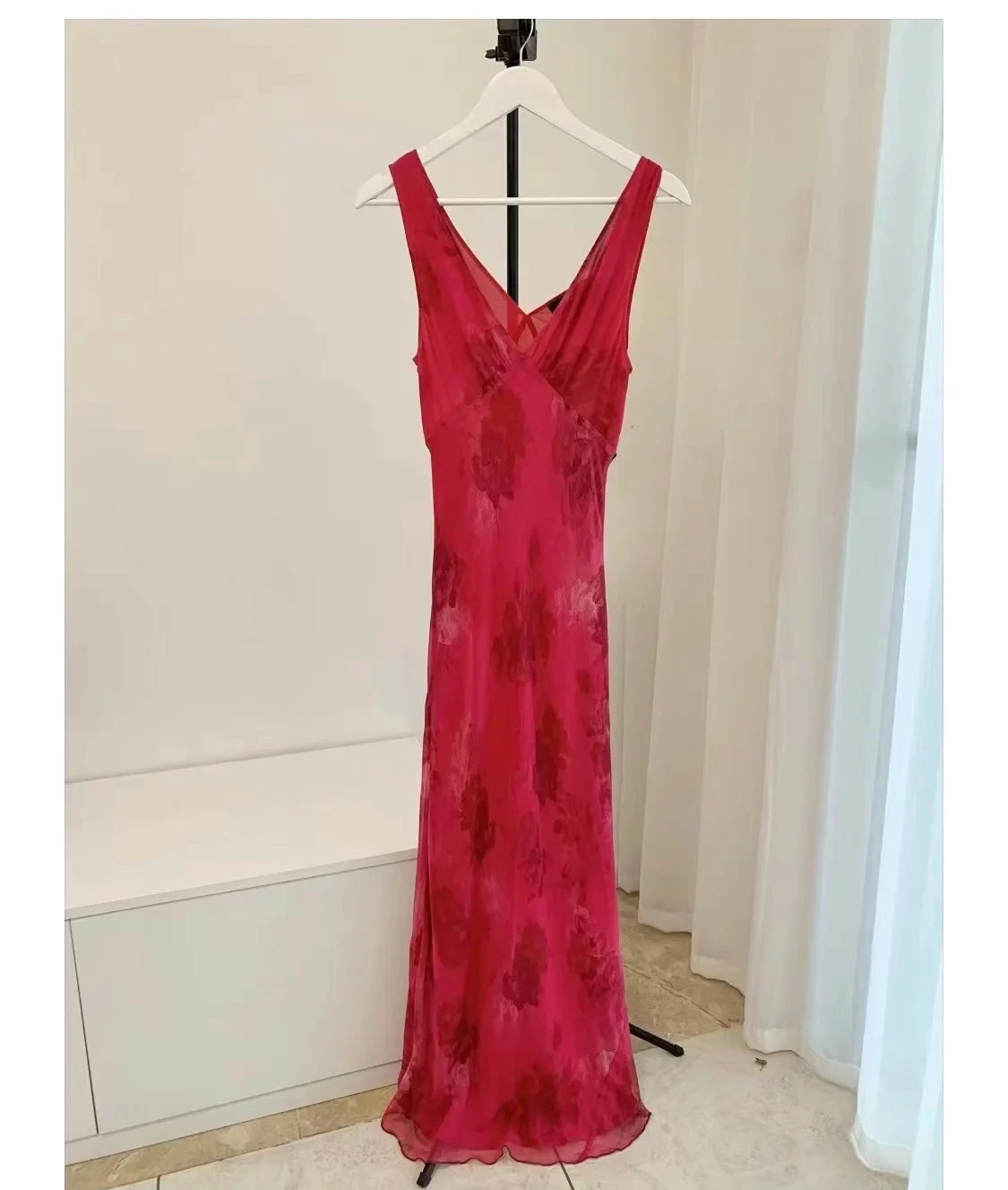 EVACANDIS 100% Silk Women Deep V-Neck Sleeveless Long Dress sling midi dress Rose Red Flower Print