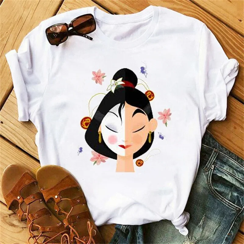 Disney-T-shirt manches courtes femme, décontracté, avec dessin animé Disney, princesse Mulan, à la mode