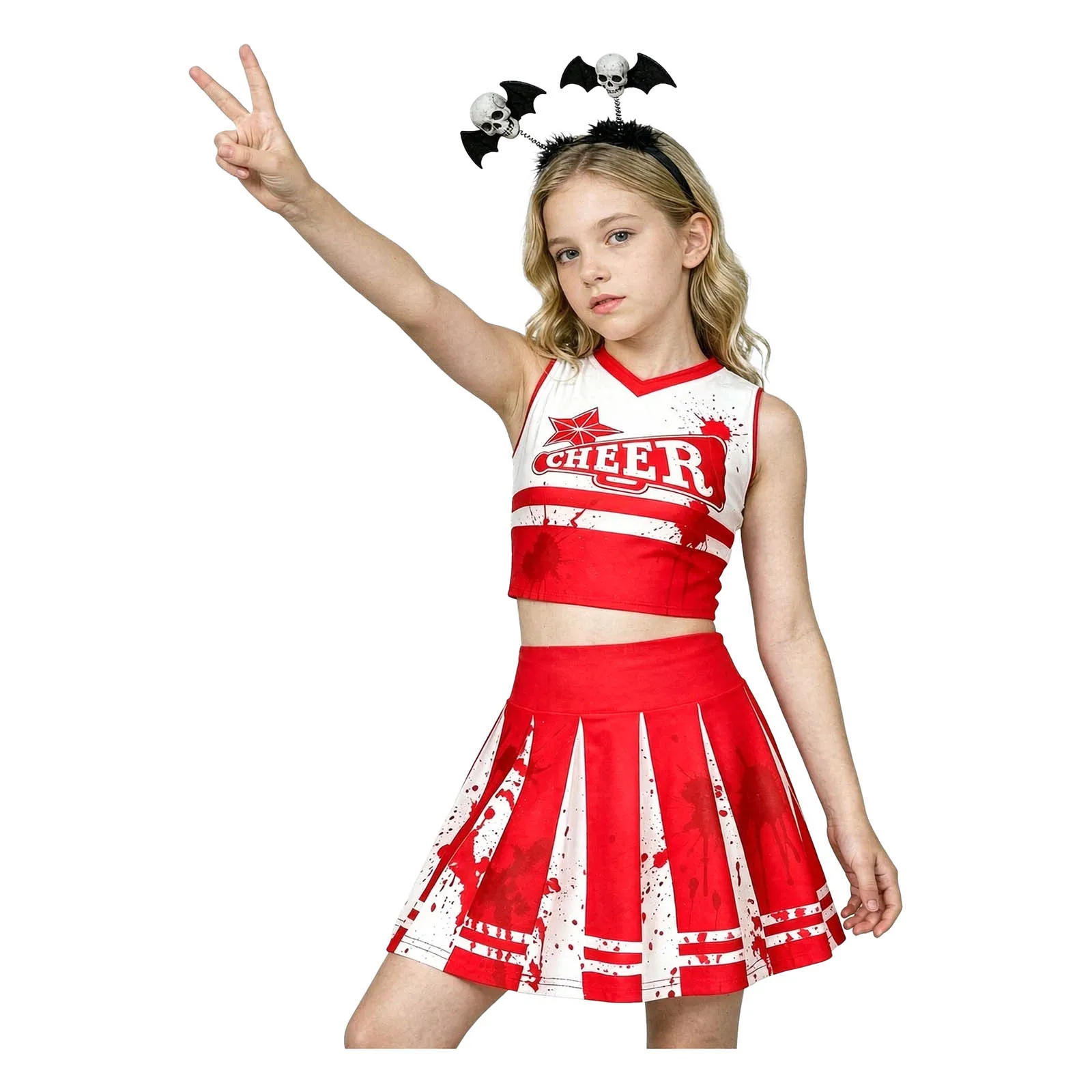 Kinder Mädchen Halloween Cheerleader Cosplay Kostüm Cheerleading Uniform V-Ausschnitt Crop Top mit Faltenrock Cheer Dance Outfit – Detail 6