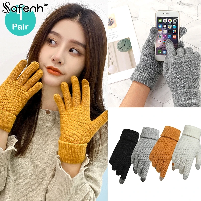 

1Pair Winter Touch Screen Gloves Women Men Warm Stretch Knit Mittens Full Finger Thermal Glove Windproof Coldproof Cycling Glove