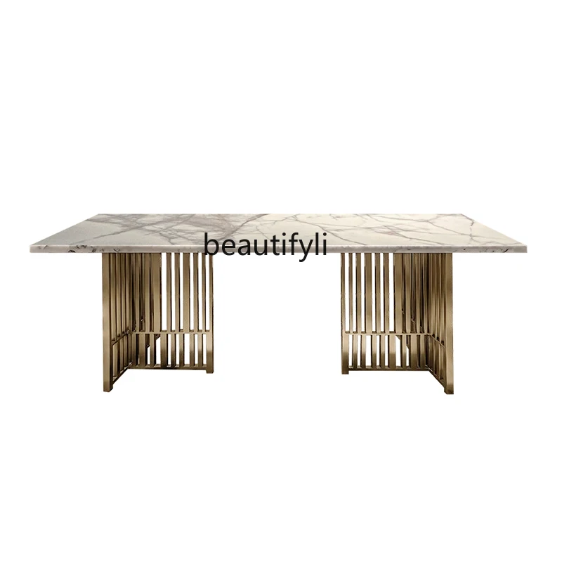 

Light luxury rectangular marble dining table living room stainless steel dining table villa dining table