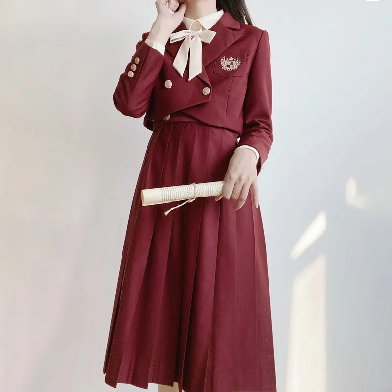 

Red Christmas Uniform Skirt Set with Ceylon Black Tea Milk Protection Gingham Plaid Skirt Long Sleeve JK School Uniform