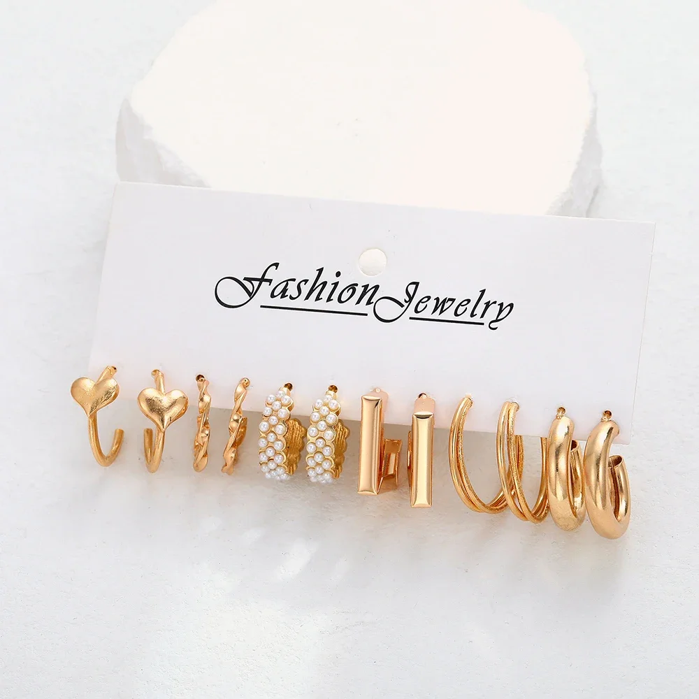 Boho Big Circle Hoop Earring Set for Women, Gold Color Bohemia Vintage Pearl Earring Heart Zircon Ear Studs Jewelry Gifts