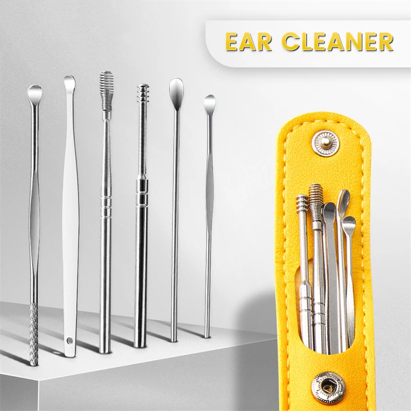 Aço inoxidável Ear Care Tools, Earwax Ferramenta de Remoção, Earpick Sticks, Cureta Colher, Ear Clean, Personal Health Care, 6 em 1