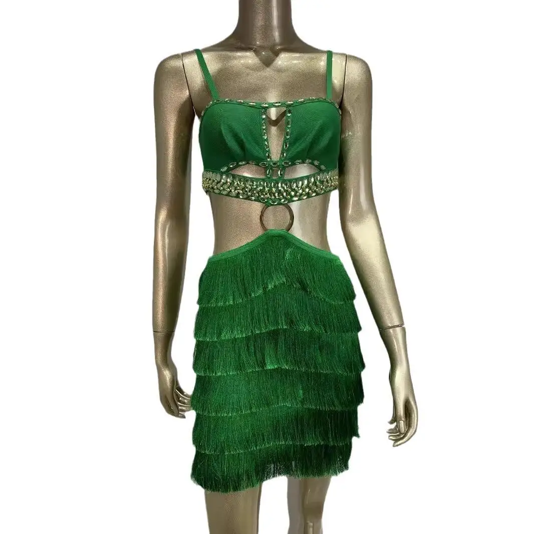 กระโปรงทรงเอวสูงแบบรัดรูป แต่งพู่ห้อย ตัดเย็บแบบไร้ตะเข็บ คอเหลี่ยม สำหรับฤดูร้อน