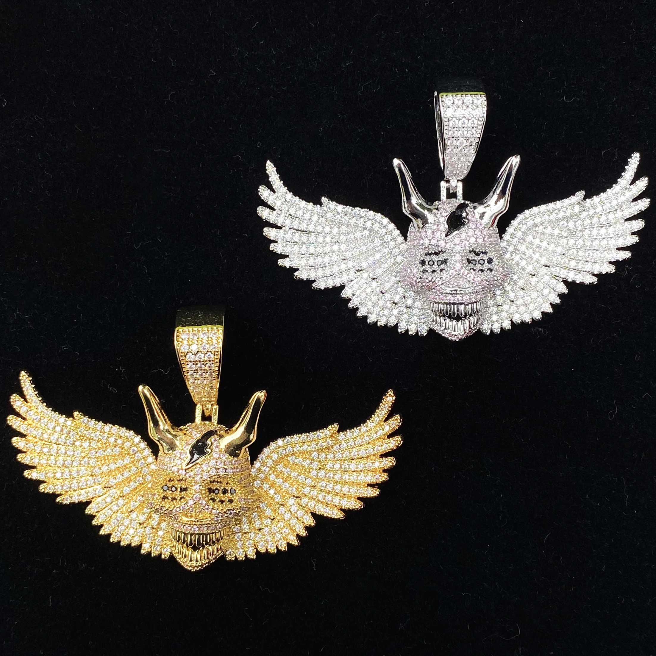 Aokaishen Iced Out Wing Skull Necklace Pendant  for Men Real Gold Plated 5A Cubic Zirconia Hip Hop Jewelry