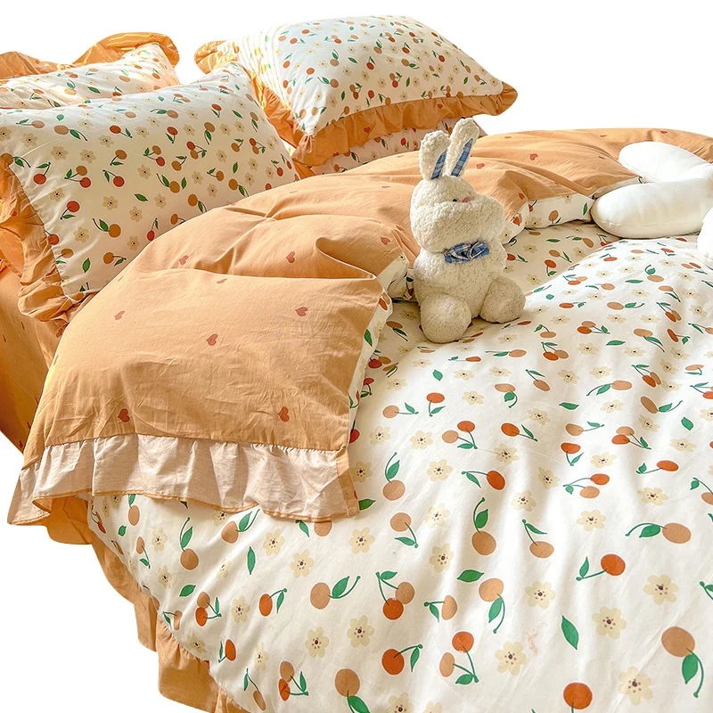 Four-Piece Floral PrintingDyeing Pure Cotton Bedding Household Quilt Cover Bed Sheet Three-Piece Set 1.8M Flounce Pastoral Style