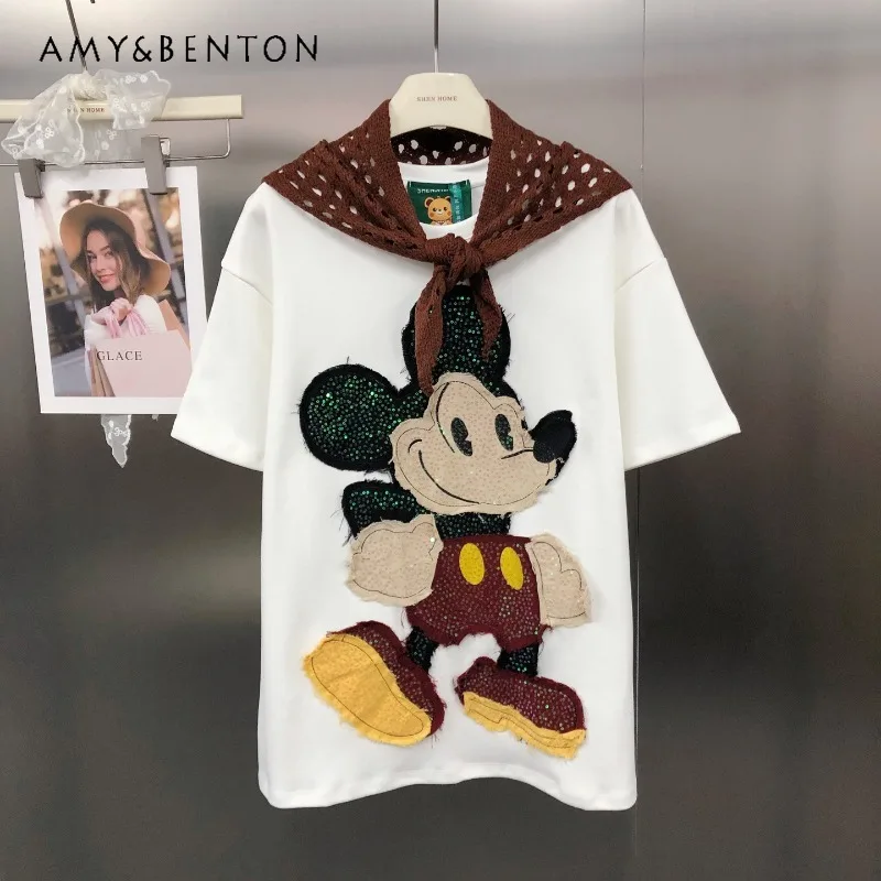 

Y2k Pure Cotton Loose Casual Top Ins Style Crew Neck Tshirt Heavy Industry Embroidery Cartoon Sequin Patch Short Sleeved T-shirt