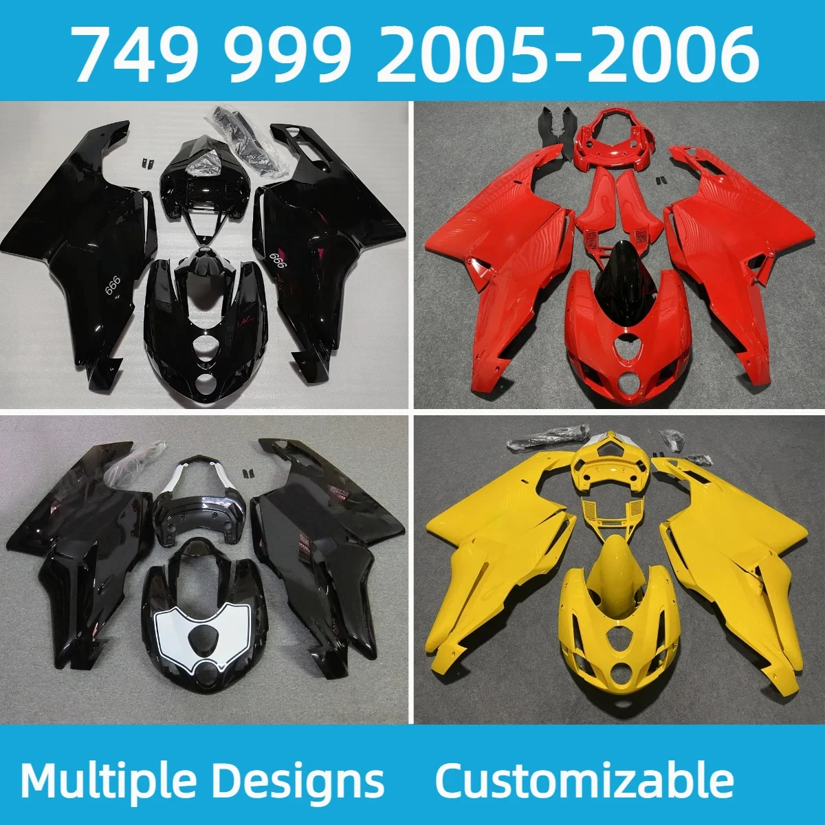 

Injection Fairing Kit 999 2005 2006 Glassy Black Aftermarket Motorcycle Body Parts Set Fairings for Ducati 749 05 06