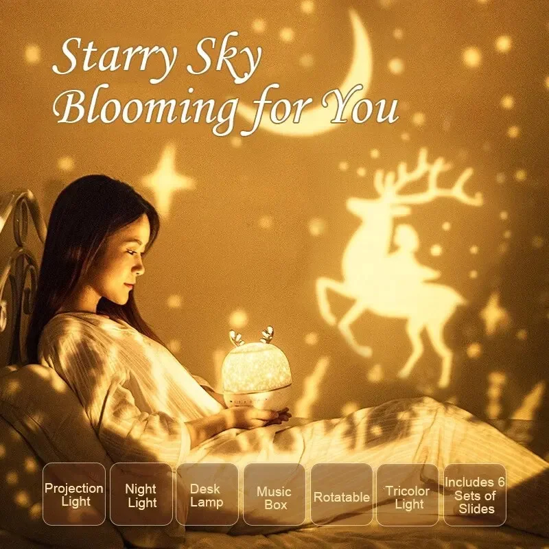 360 Degree Rotating Deer LED Projection Lamp 8 Projection Films for Kids Gifts Bedroom Home Decor Night Light For Kids Gifts