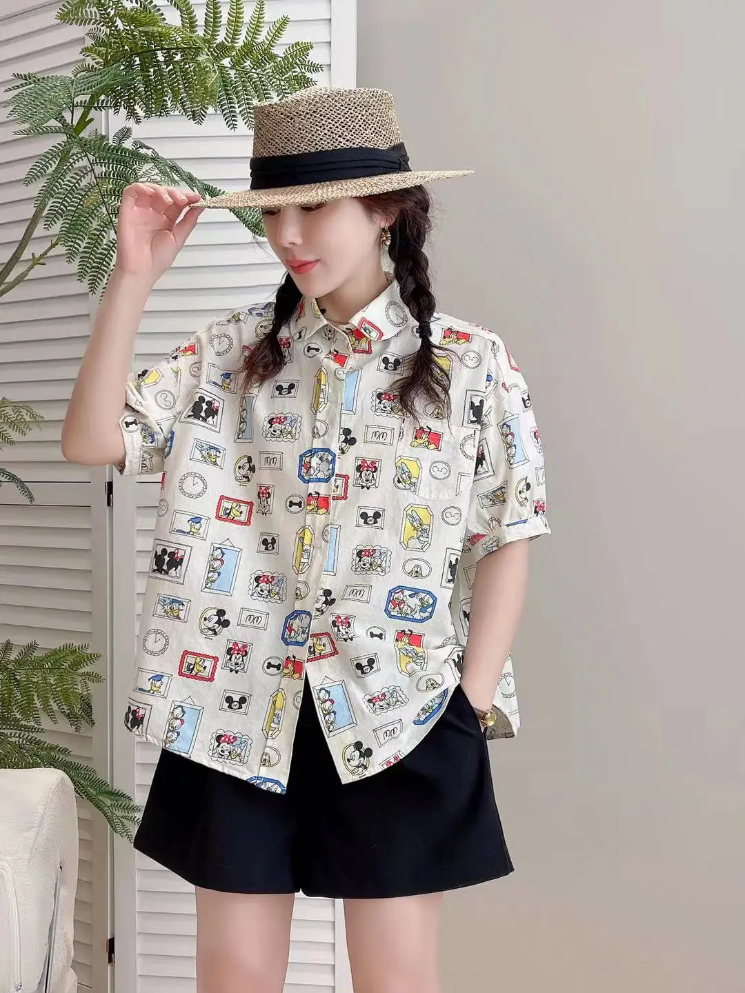 New Spring Cotton Fashion Cartoon Printed Tops Cotton and Linen Shirt Women\'s Short Sleeved Loose Blouse 2024 Summer T44411QH