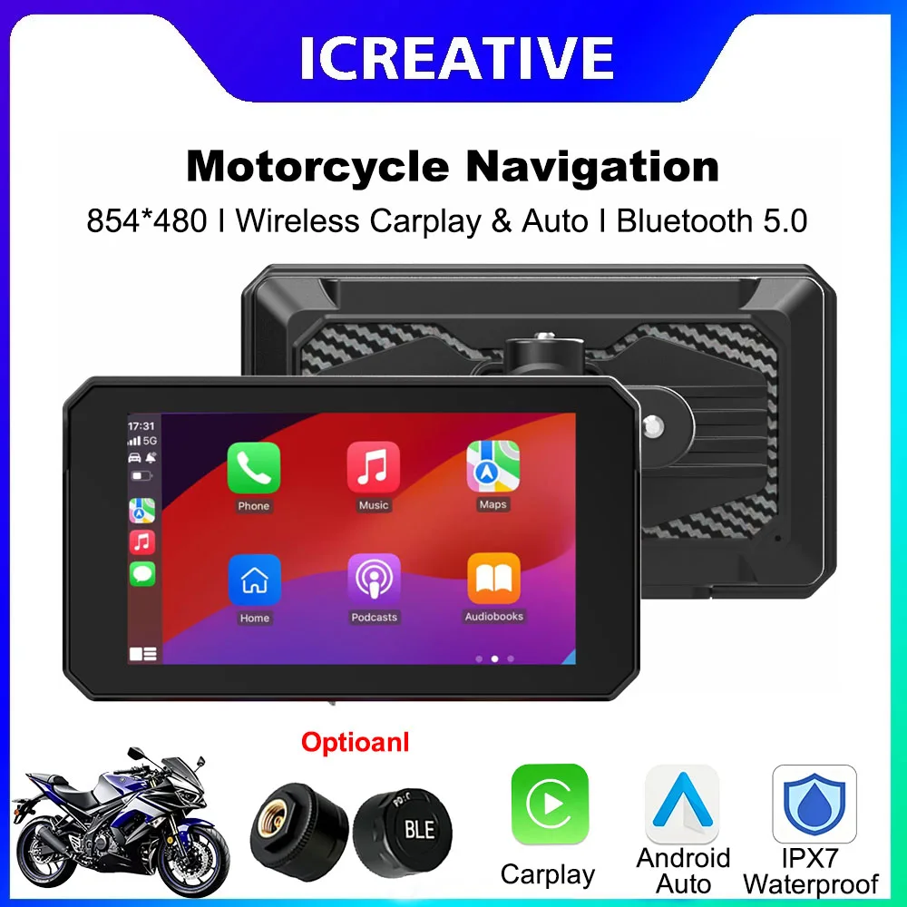 5 Inch Smart Motorcycle Display Screen Wireless CarPlay & Android Auto Navigation IP67 Waterproof Portable Moto Monitor TPMS BT
