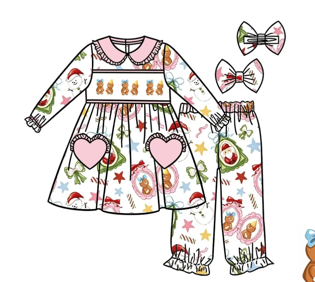 Fashion Casual Frill Long Sleeve Christmas Santa Claus Print Child Milk Silk Suit Boys Girls Bow Heart-Shaped Pockets