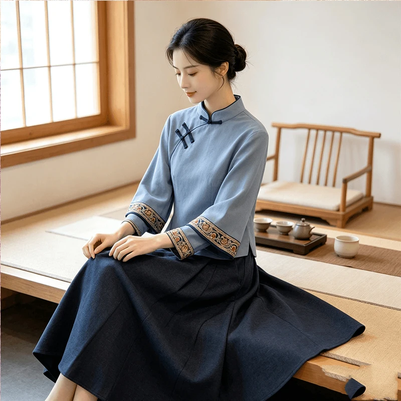 New Chinese Style National Trend Set Women's Improved  Top Autumn 2026 Wide Leg Pants Two Piece Set Traditional Tea ...