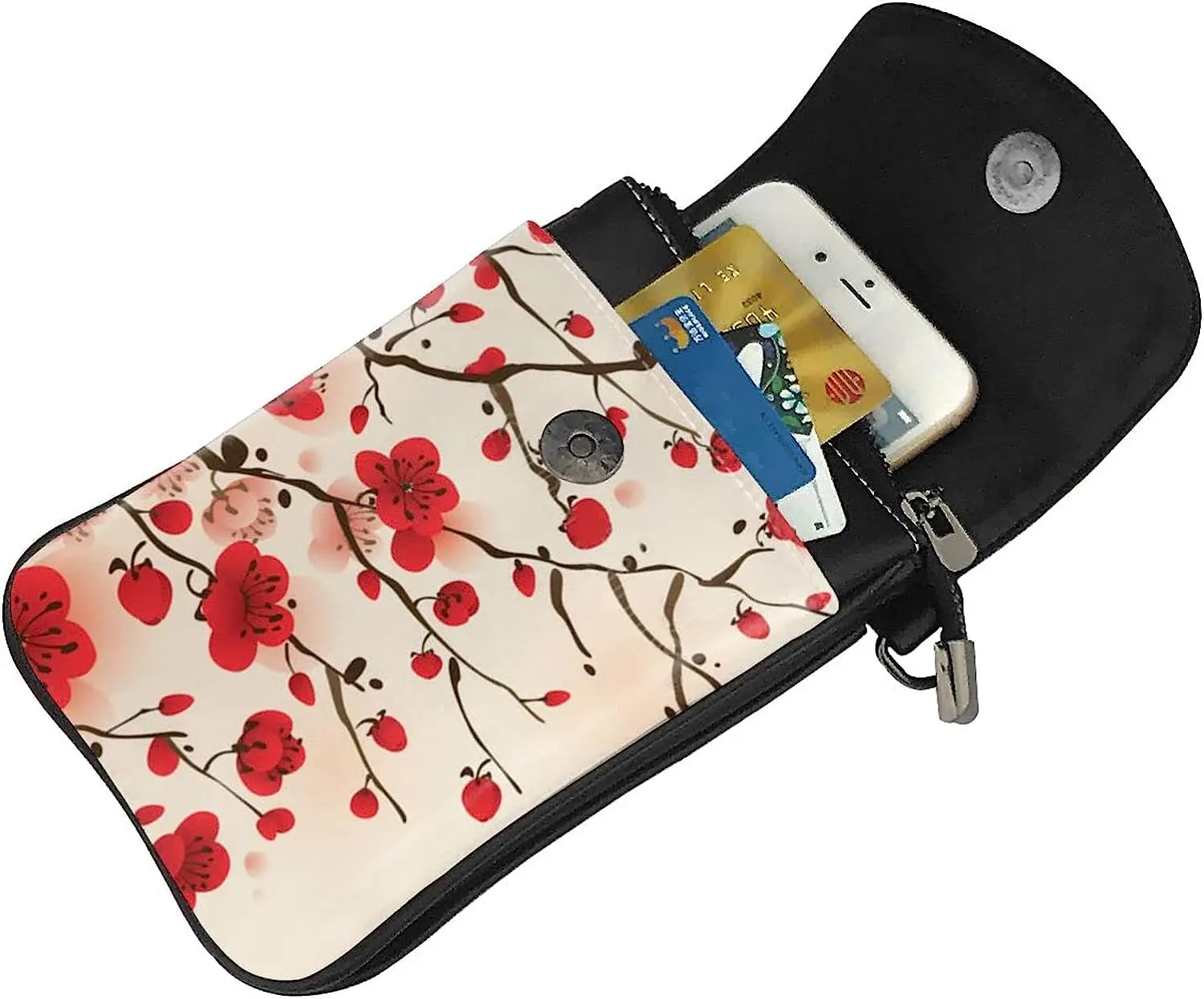 Small Crossbody Bags For Women Red Cherry Blossom Flower Vintage Leather Cell Phone Wallet Purse