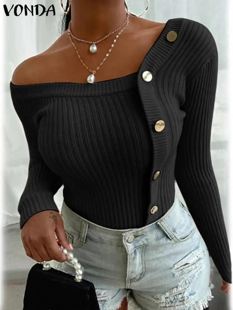 Plus Size VONDA Women Sweaters 2024 Autumn Irregular Neck Solid Color Metal Button Knitted Tops Streetwear Stylish Pullovers