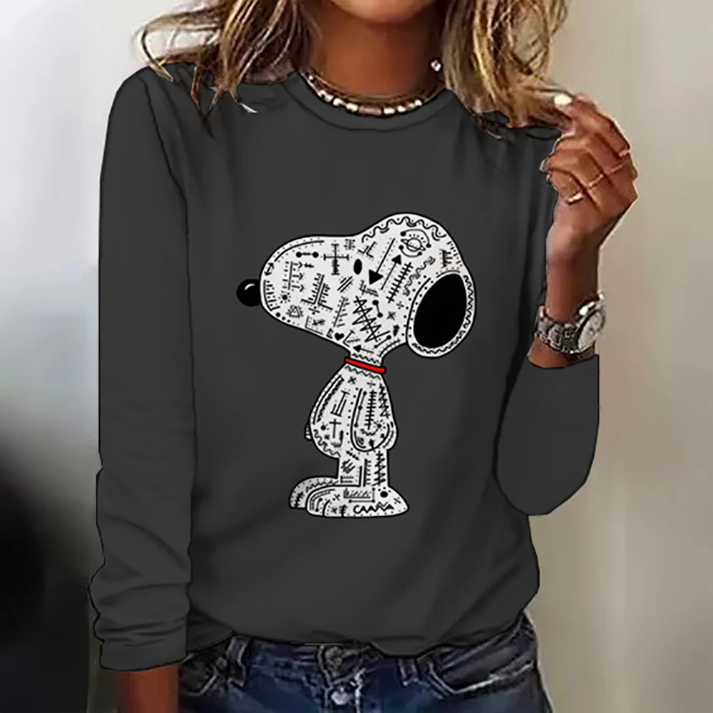 Womens Snoopy print Loose T-Shirt Animal Print Long Sleeve Shirt Fashion Clothing 2024 Ladies Cute Print Long Sleeve ﻿