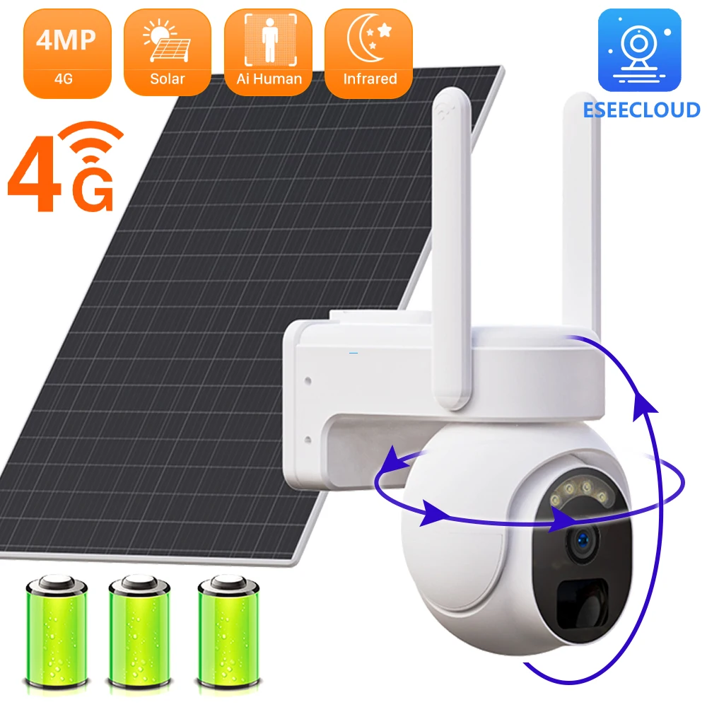 4G Solar Powered 7800mAh battery Surveillance Camera 360° Angle Outdoor PIR Human Detection Surveillance IP With Solar Panel