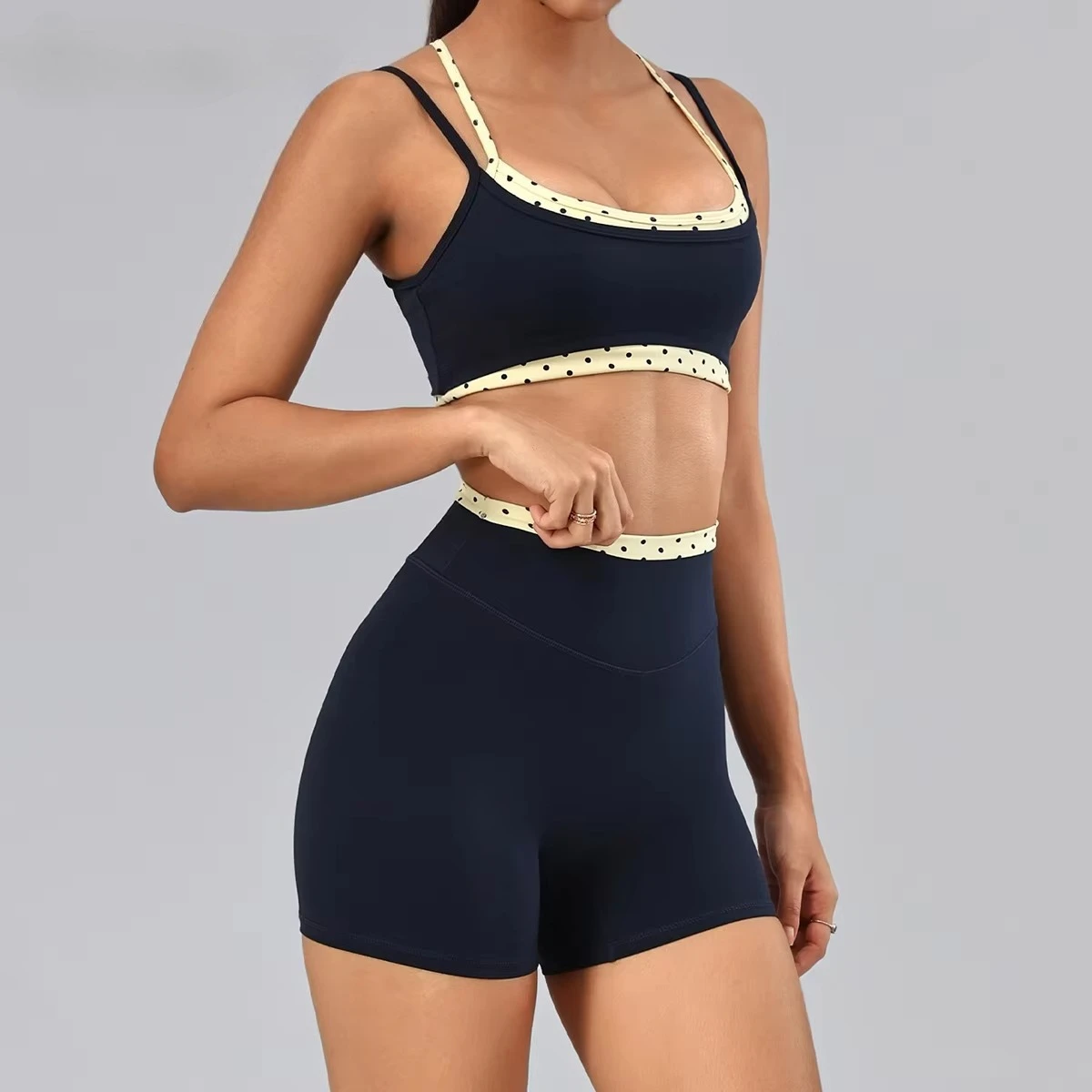 2Pcs Fitness Set Women Polka Dot Cross Back Sports Bra High Waisted Push Up Shorts Gym Quick Dry Workout Yoga Suit