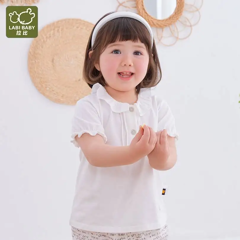 

Girls Blouse Funny White T shirts Essentials T shirt Peter Pan Collar Tops for Infant Ruffle Sleeve Casual Baby Clothes for Girl