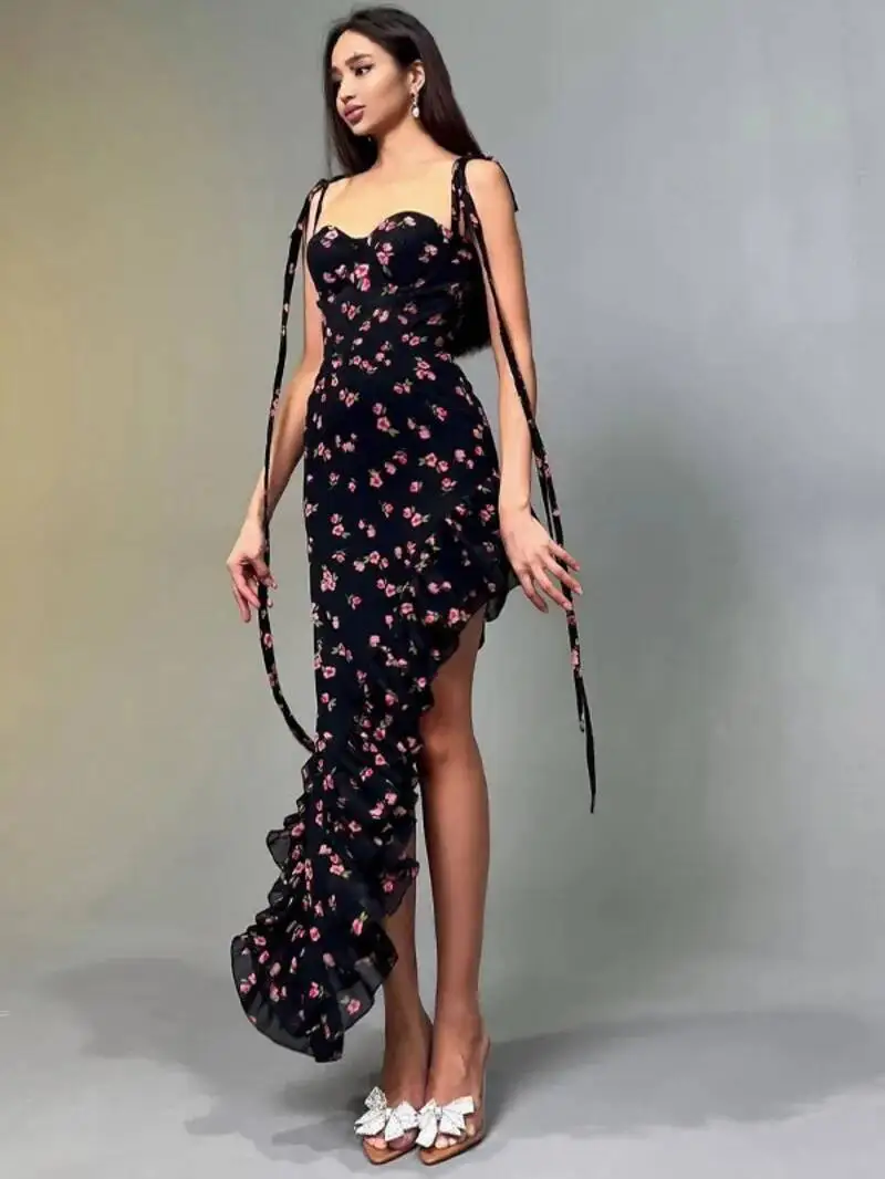 Vestido largo elegante ajustado sexi con volantes irregulares y cordones con espalda descubierta y estampado Floral para mujer, trajes de verano para fiesta de cumpleaños