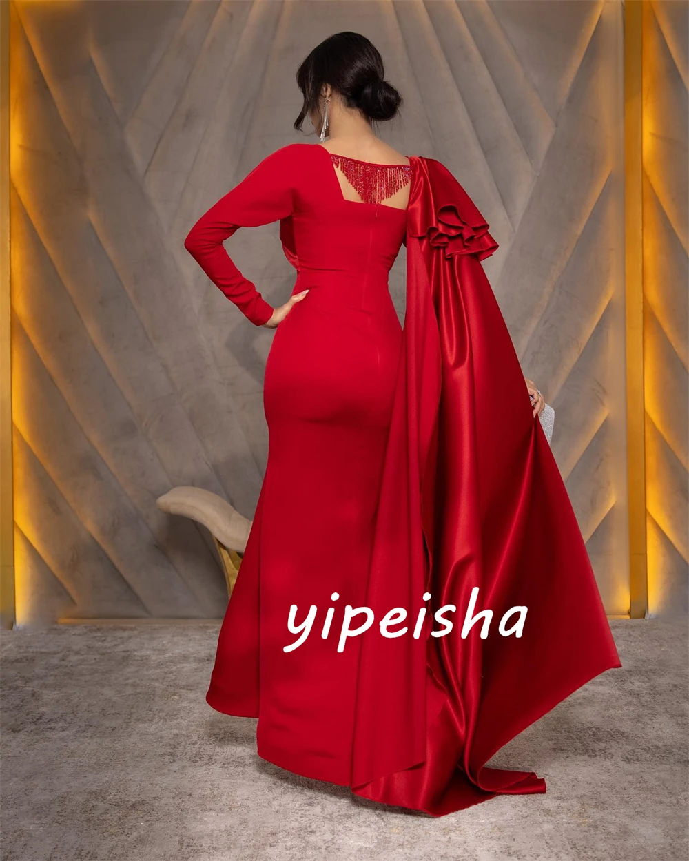 Customized  Evening Jersey Sequined Ruched Party A-line Square Neck Bespoke Occasion Gown Long Dresses