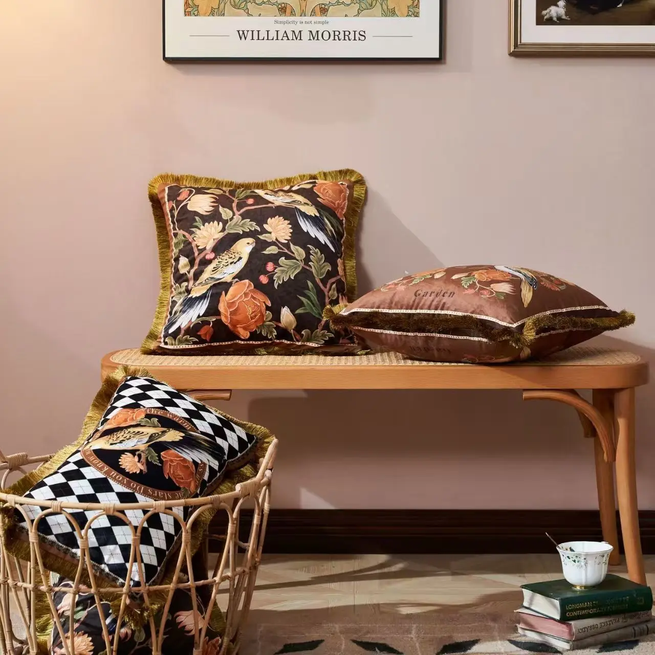 

Pastoral Bird Fringed Printed Cushion Cover Velvet American Style Modern Pillow Covers Decorative Home Decor Pillowcase for Sofa