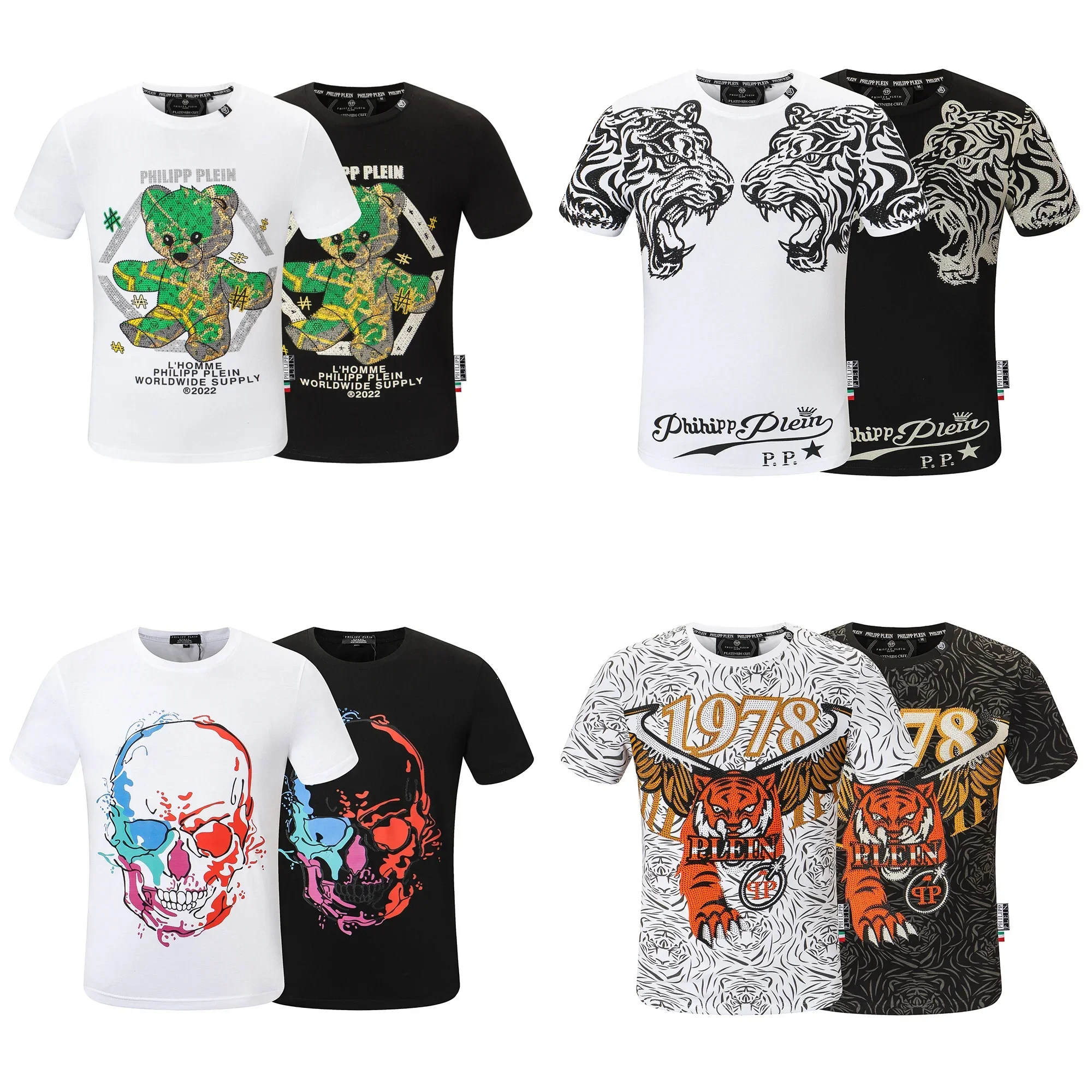 2025 Mix Printed Diamond Men Skull T-Shirt Pattern Crew Neck Plein Hip Hop Street Sportswear Male Rhinestone T-Shirt Cotton Tops