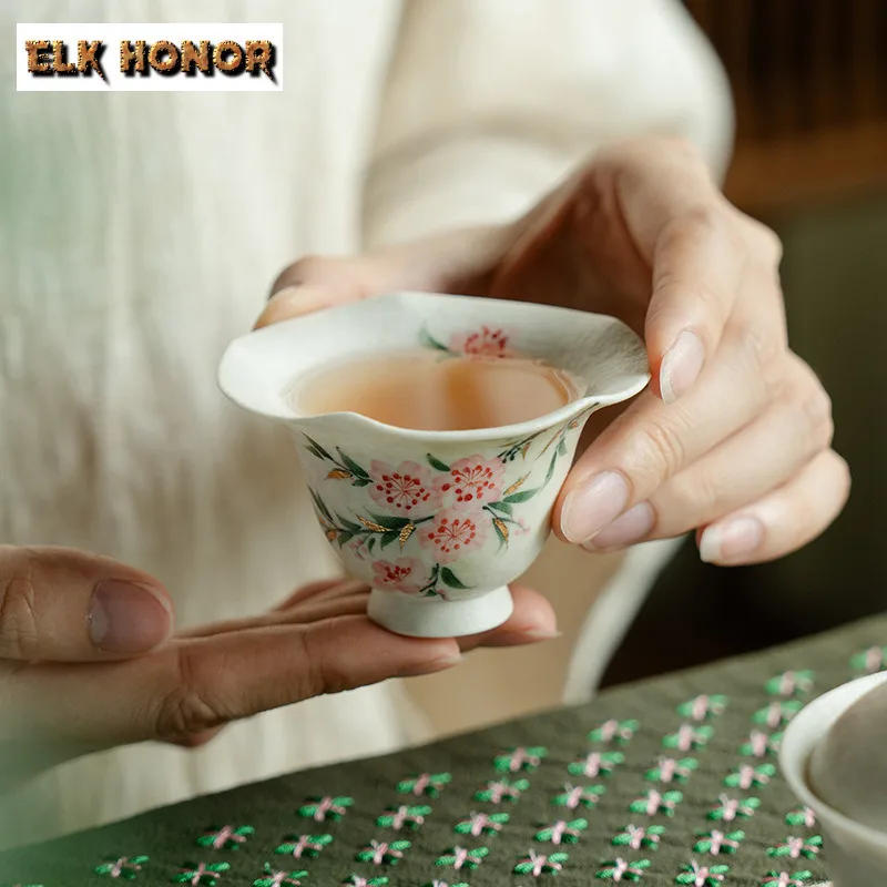 45ml Hand-painted Peach Blossom High Foot Teacup Luxury Tea Bowl Jug Tea-tasting Smelling Cup Jianzhan Master Cups Cafes Craft