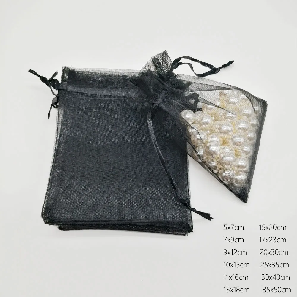 1000pcs Large Christmas Organza Drawstring Gift Bags Black Sachet Pouches Packaging Wedding Party Favors Birthday Displays