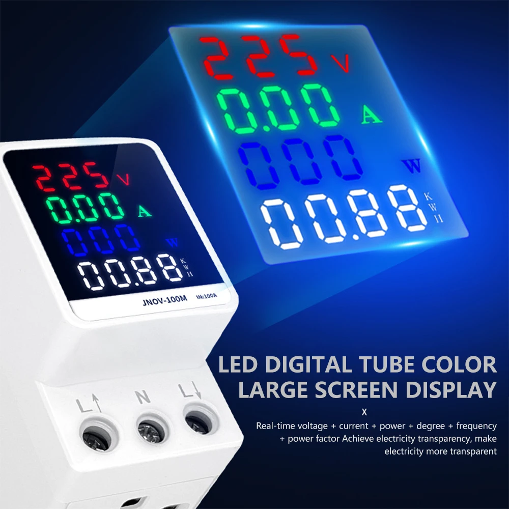 Medidor inteligente de trilho din, 100a, 25kw, ac 70 ~ 270v, voltímetro, display digital colorido, medidor de energia de tensão com função de memória desligada