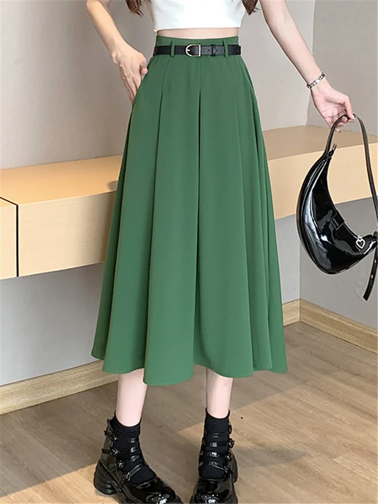 High Waist Green Women's Pleated Midi Skirts with Belted 2023 New Spring Summer Elegant Office Lady Umbrella Chic Skirts Female