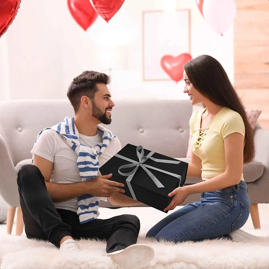 3 Pack Large Gift Box for Present 12.5 x 8.5 x 4.75 Inches Black Gift Box with Magnetic Lid Collapsible Gift Box with Ribbons G