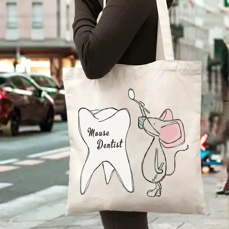 Funny Mouse Dentist Print Canvas Tote Bag, Aesthetic Medical Gift Eco-Friendly Reusable Handbag, Large Capacity Canvas Bag