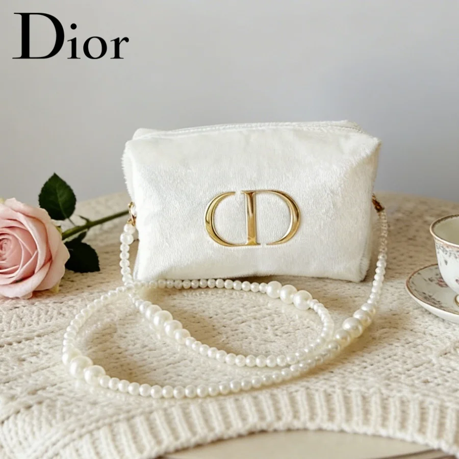 Dior’s Bag White Velvet Travel Cosmetic Bag Essential Storage Pouch For Women Simple Fashion Design With Metal Logo Perfect Gift view 5