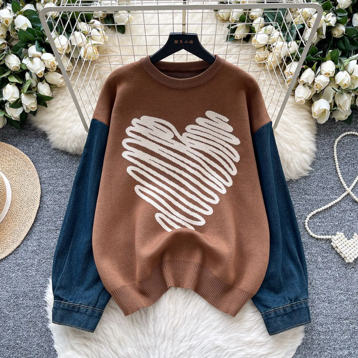 

Women Pullovers Sweaters Knitted Round Neck Full Sleeve Denim Jumpers Y2k Streetwear Loose Elegant Splice Work Autumn Winter