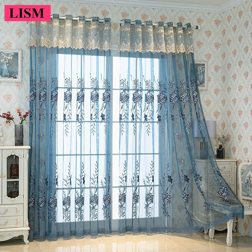 European Luxury Embroidered Gauze Blue Gray Tulle Modern Curtains For Living Room Bedroom Villa Windows Blackout Screen Custom