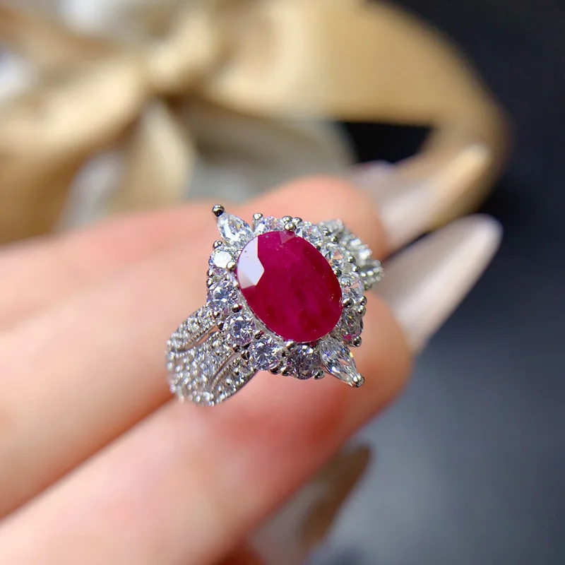 Heated Natural Ruby Ring, Vintage Gemstone Jewelry 925 Silver 8x6mm Main Stone Adjustable, Elegant Gift for Women