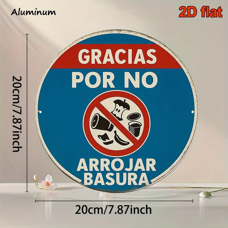 Vintage Spanish Aluminum Round Sign 20.32cm - Please Do Not Litter Message, Waste Sorting Theme, Rustproof Wall Decor for Kitche