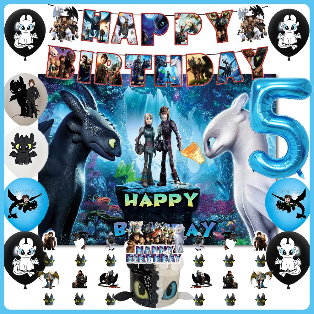 Cartoon Toothless Kinder Geburtstagsdekorationen Drachenzähmen Hintergrund Ballon Tortendekoration Baby Shower Deko-Set Jungen Geschenk