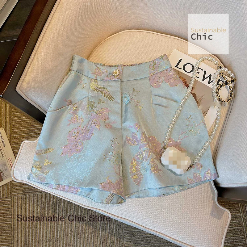 

French small fragrance high sense suit shorts female summer embroidery retro high-end pants satin wide leg bag hip pants.