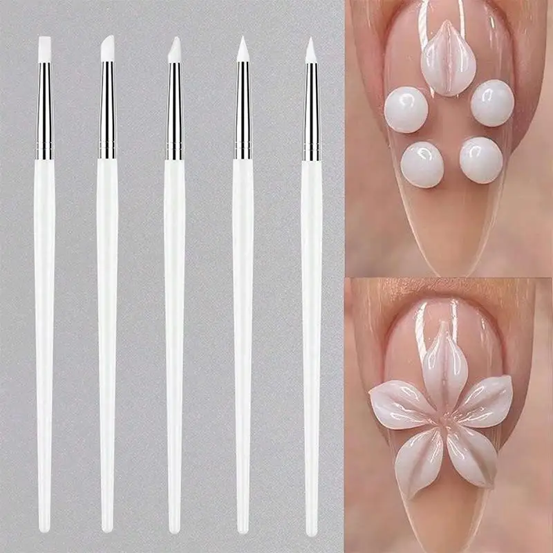 5Pcs/Set Professional Silicone Nail Brushes for UV Gel Polish 3D Nail Art DIY Dotting Tools Manicure Pens
