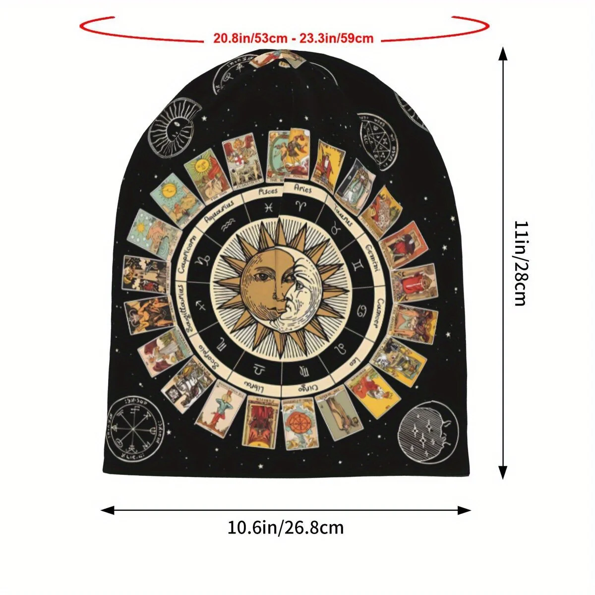Biihudu Tarot Zodiac Wheel Cap - 22 Major Arcana & Astrological Chart Hat with Kabbalah Symbols, Tarot Reader Accessory
