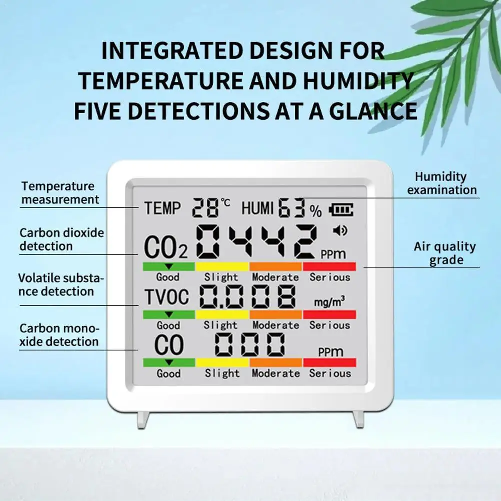 

5-in-1 LCD Screen Air Quality Temperature Humidity Meter CO2 Tester HCHO TVOC Carbon Dioxide Monitor Type C Interface